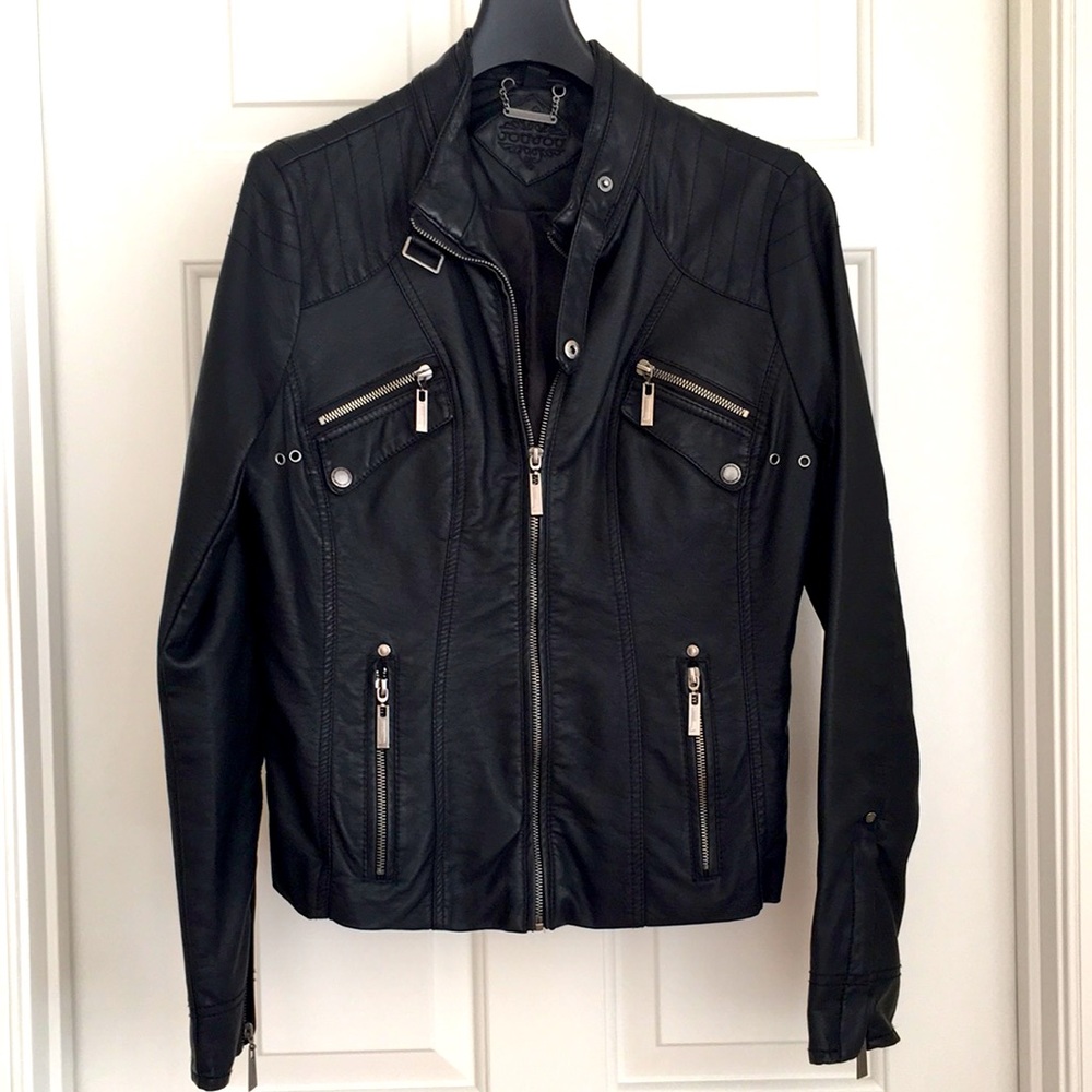 JOUJOU Women’s Jacket L Black Leather like Gorgeous Zipper Buttons Pockets NEW
